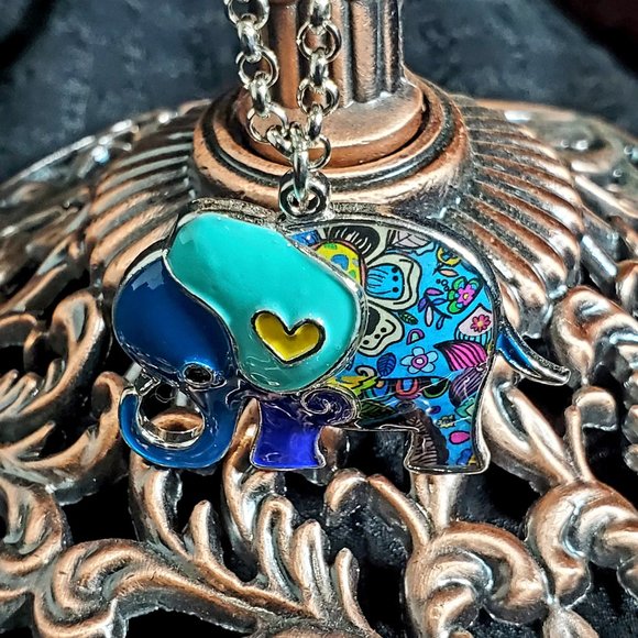 HandPainted Enamel Elephant Necklace Lt Teal Ears - Picture 4 of 6